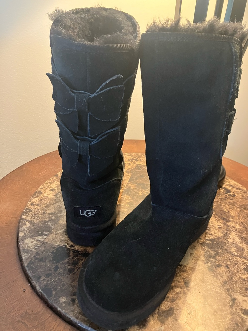 UGG Black Suede Bow-Accented Mid-Calf Shearling Boots